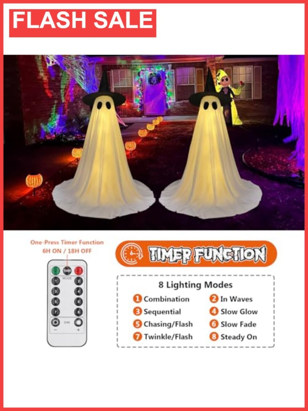 5FT Lighted Ghost Halloween Decorations 2 Pack Remote LED Outdoor Yard - Picture 3 of 6